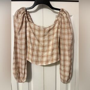 Abercrombie & Fitch Tan Cream Gingham Plaid Smocked Balloon Sleeve Top size XXS